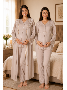 Effortt 2424 Bej Lohusa Hamile Pijama Takım Sabahlık Takım